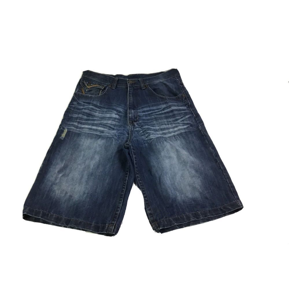 Jordan Craig Shorts distressed blue denim embroidered board shorts Mens Size 34